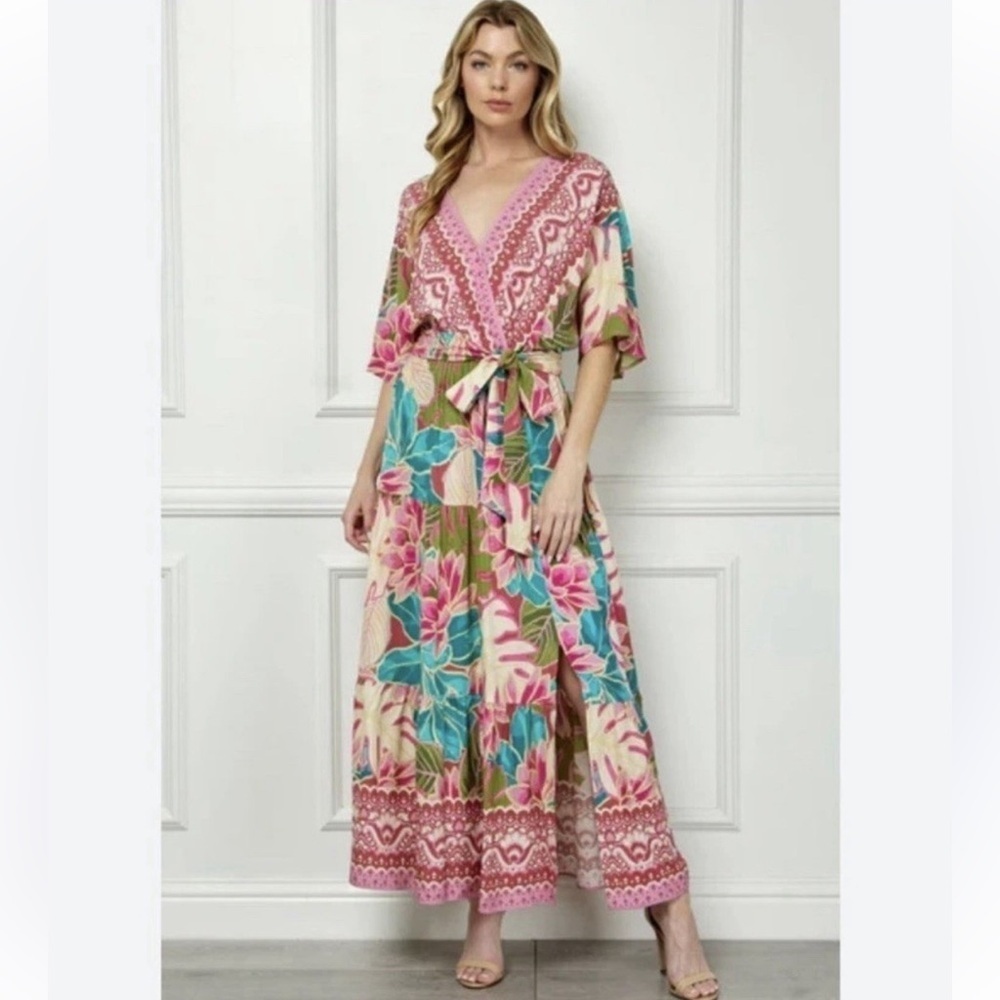 Fig & Flower Boho Floral V Neck Tiered Maxi Dress Size Small